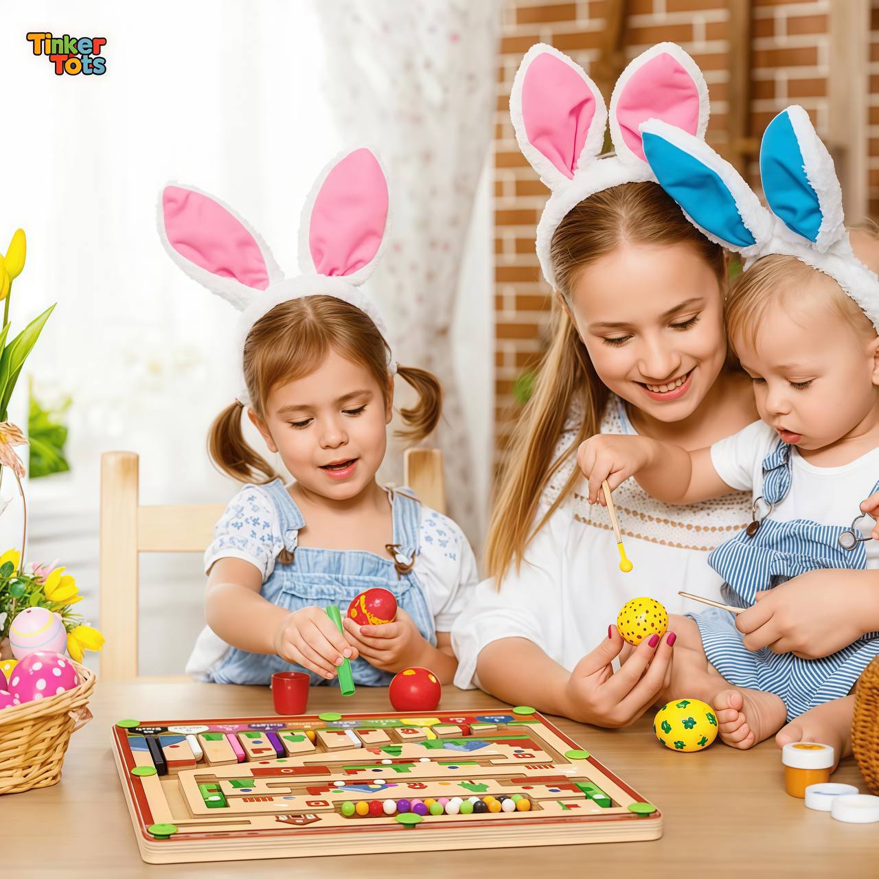 Close-up of Montessori maze toy with wood finish, magnetic beads, and clear acrylic cover
