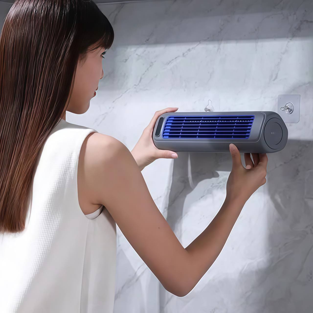 Wall-mounted mini air conditioner blowing cold air – close-up
Wireless air cooler on office desk – lifestyle scene
USB charging port of mini air conditioner – detail view
