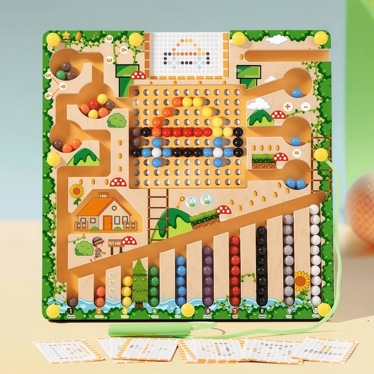 Open view of 3 maze boards showing full learning set including alphabet, numbers, and logic