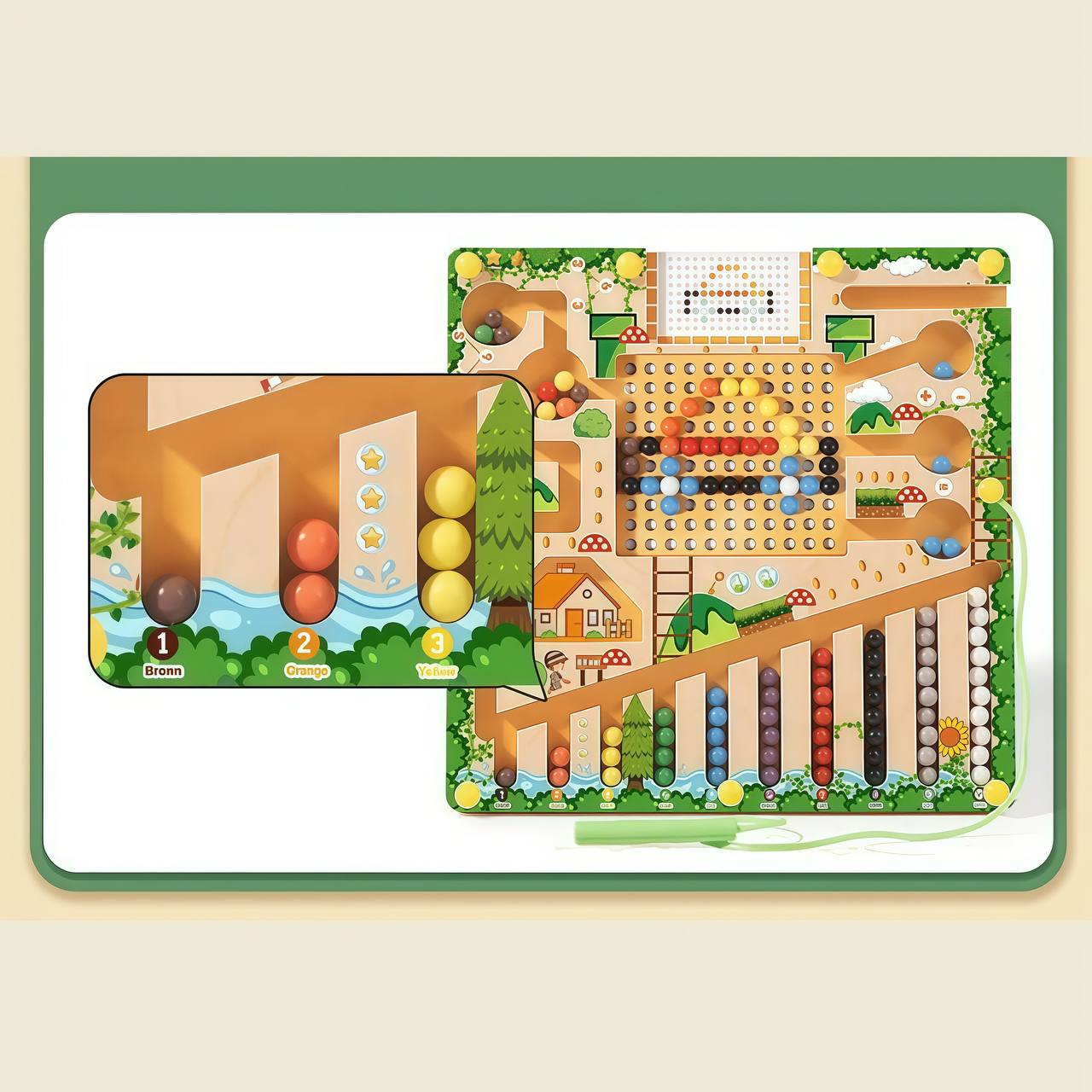 Close-up of maze board showing pattern tracing activity with wooden bead paths