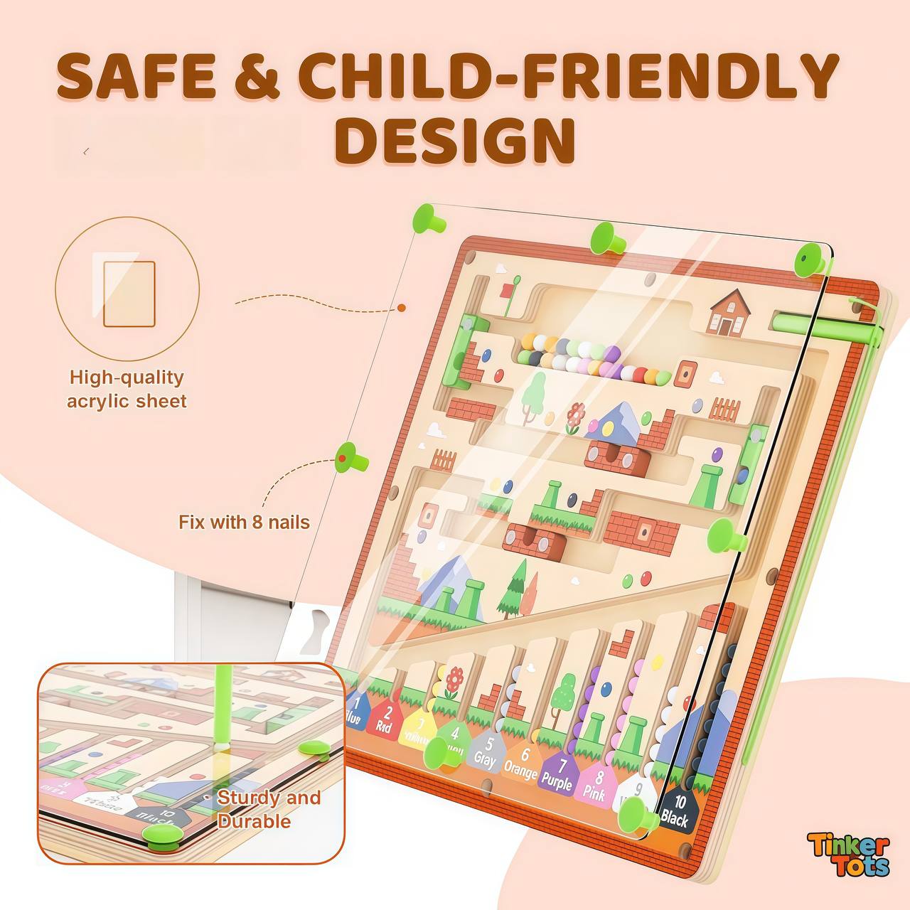 Safe and child-friendly design infographic of TinkerTots magnetic educational toy