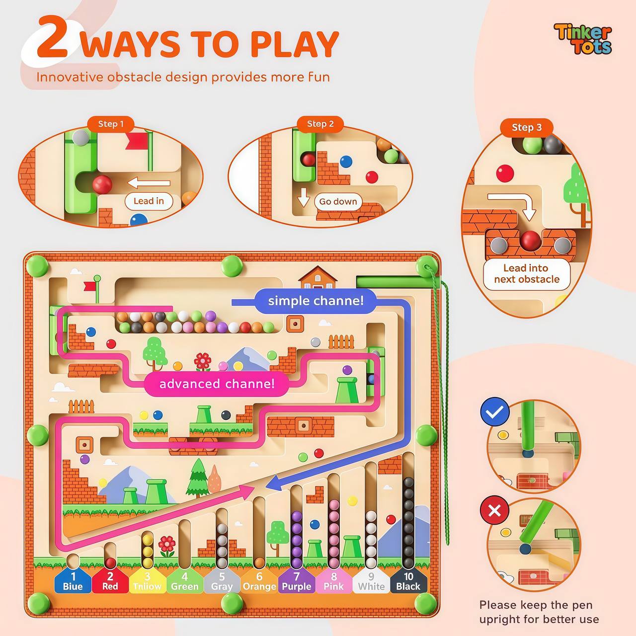 Instruction showing 2 ways to play Montessori magnetic maze toy for children