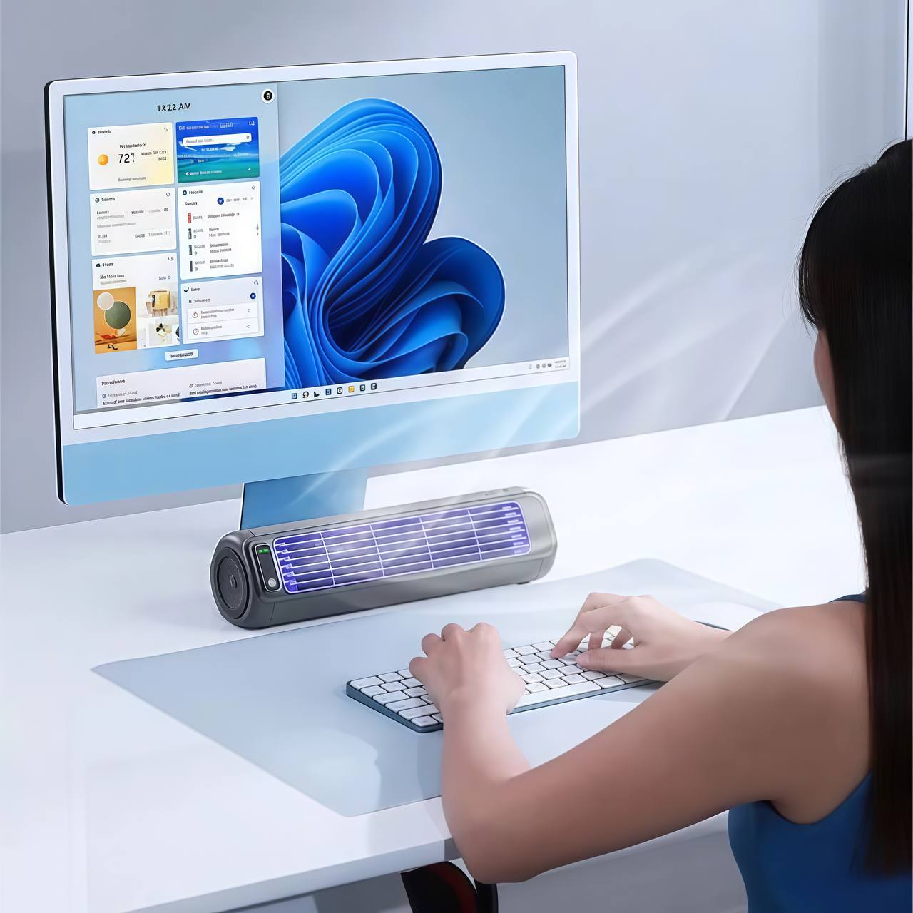 Wall-mounted mini air conditioner blowing cold air – close-up
Wireless air cooler on office desk – lifestyle scene
USB charging port of mini air conditioner – detail view