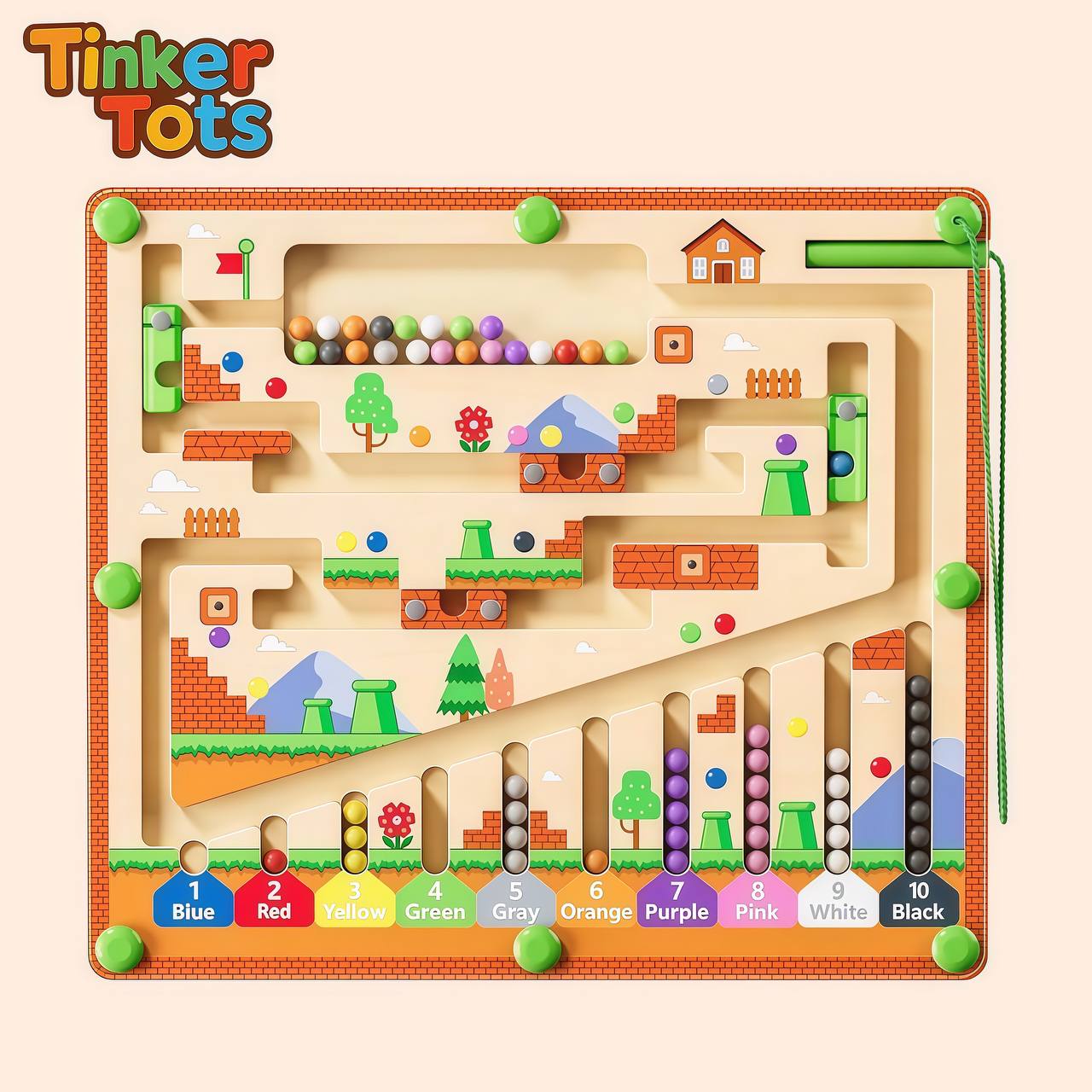 Infographic with toy product details showing magnetic pen and bead maze design
