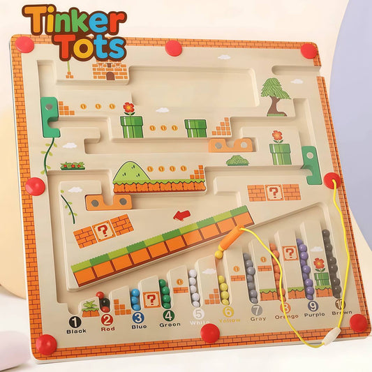Wooden Montessori magnetic maze board toy for toddlers with colorful beads and tracing paths

