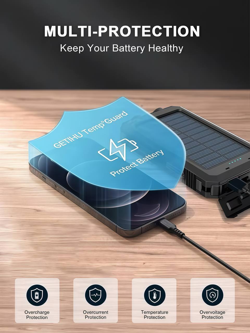 Solar power bank with multi-protection features for safe charging