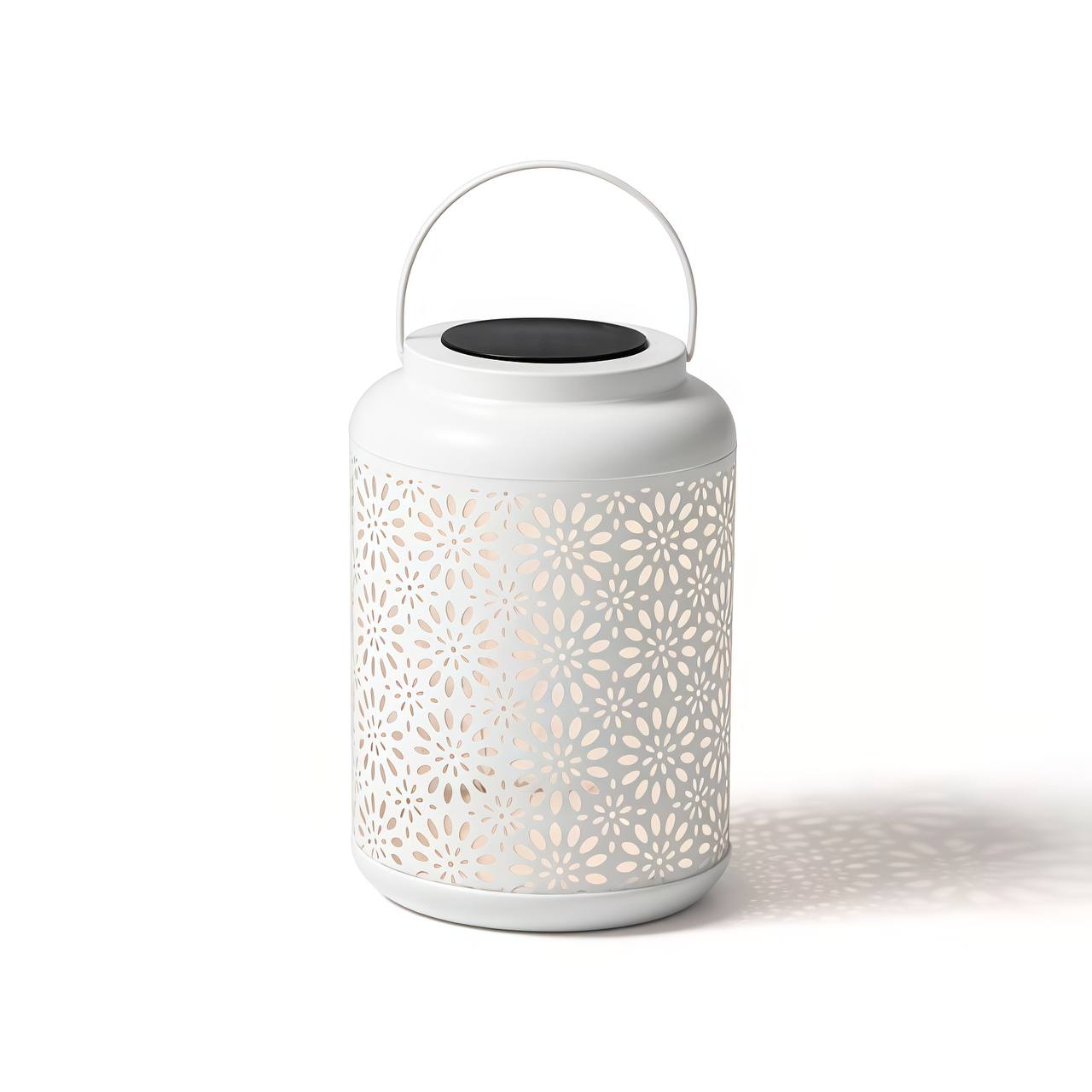 White Metal Solar Lantern with Cutout Flower Design