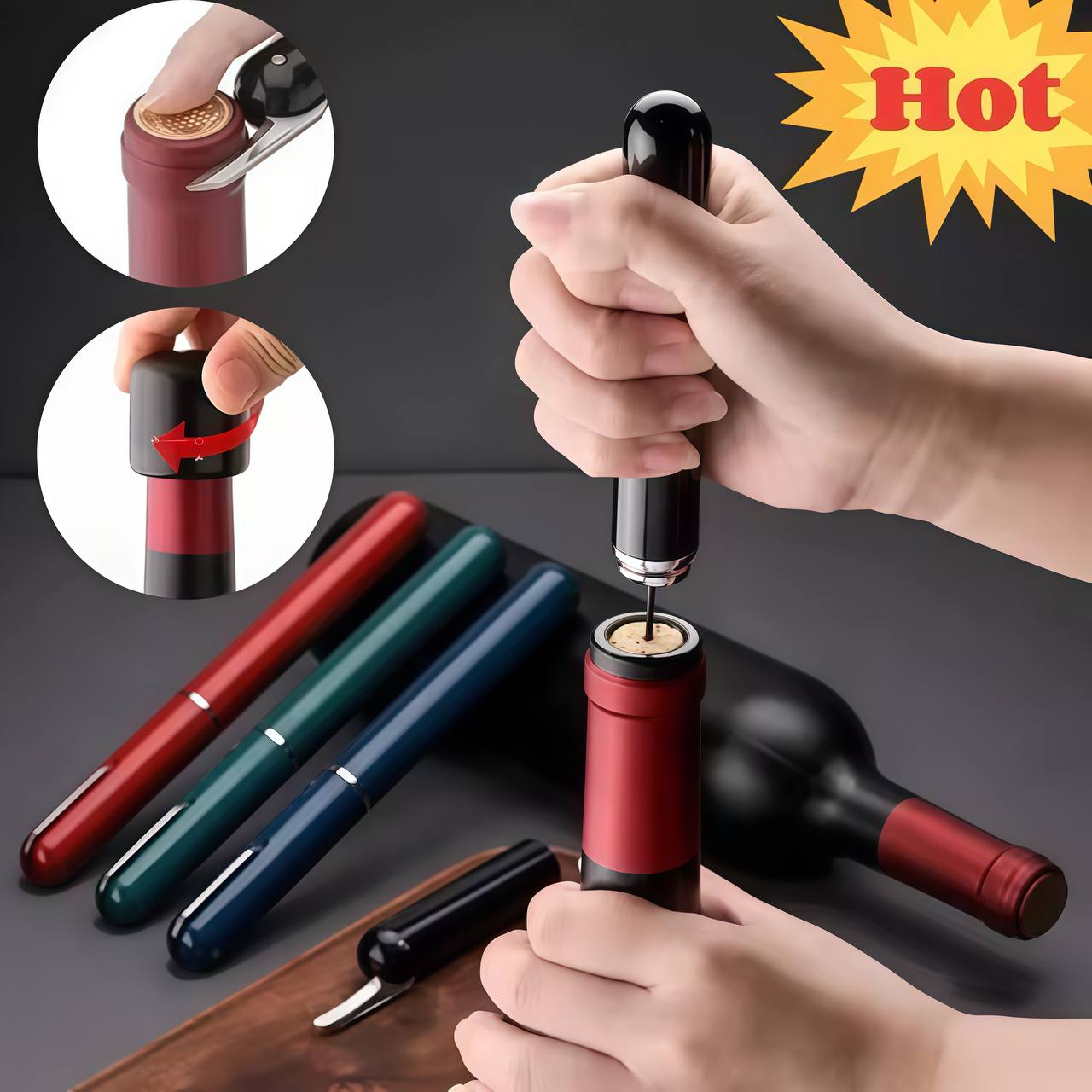 Person using air pressure wine opener to remove cork from wine bottle