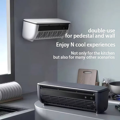Wall-mounted mini air conditioner blowing cold air – close-up  
Wireless air cooler on office desk – lifestyle scene  
USB charging port of mini air conditioner – detail view  