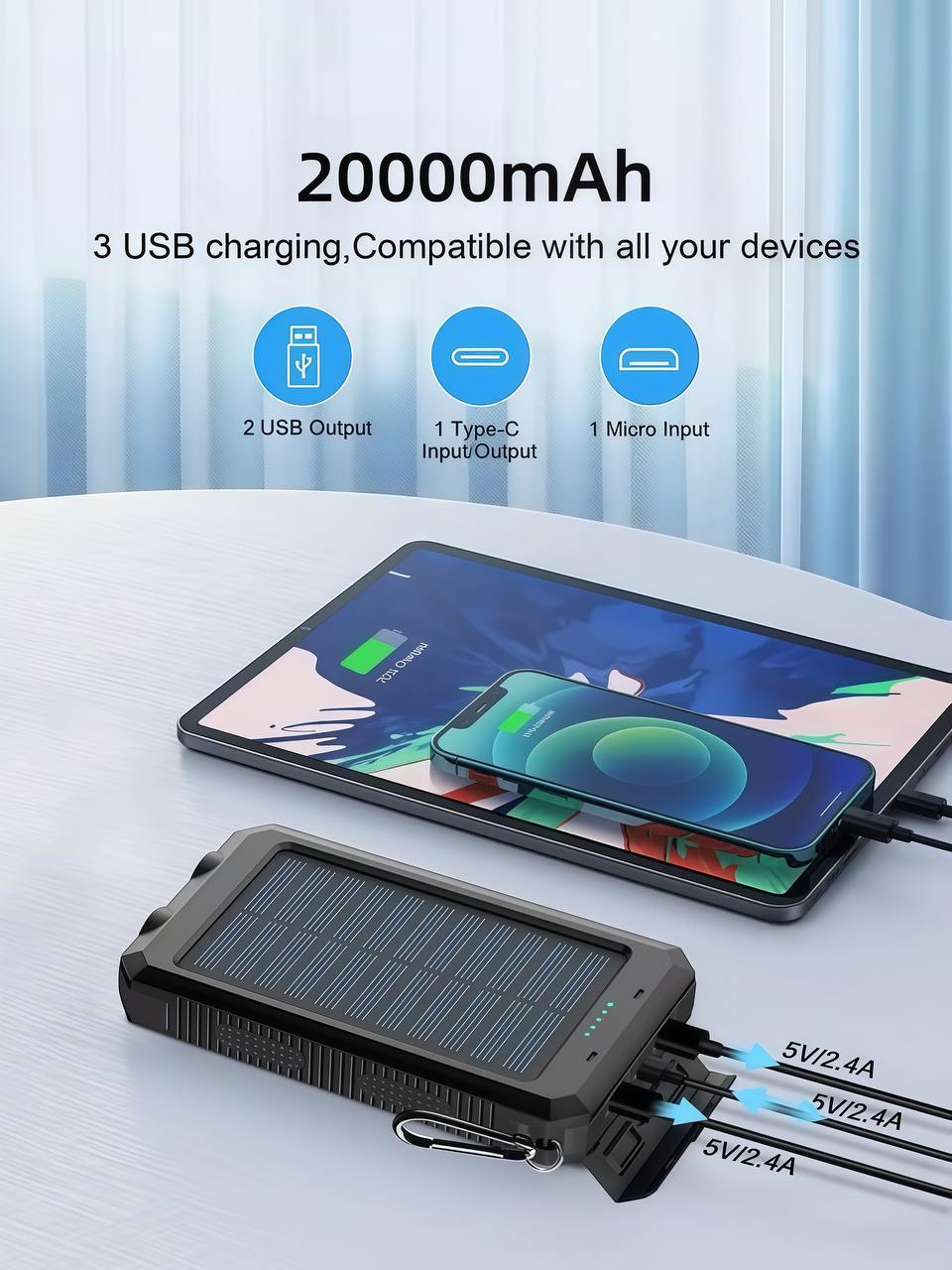 30000mAh solar power bank charging multiple smartphones simultaneously
