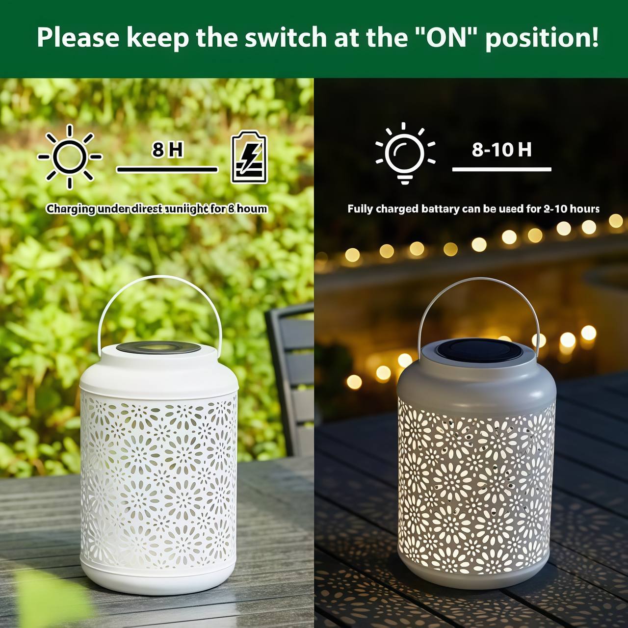 White Metal Solar Lantern with Cutout Flower Design