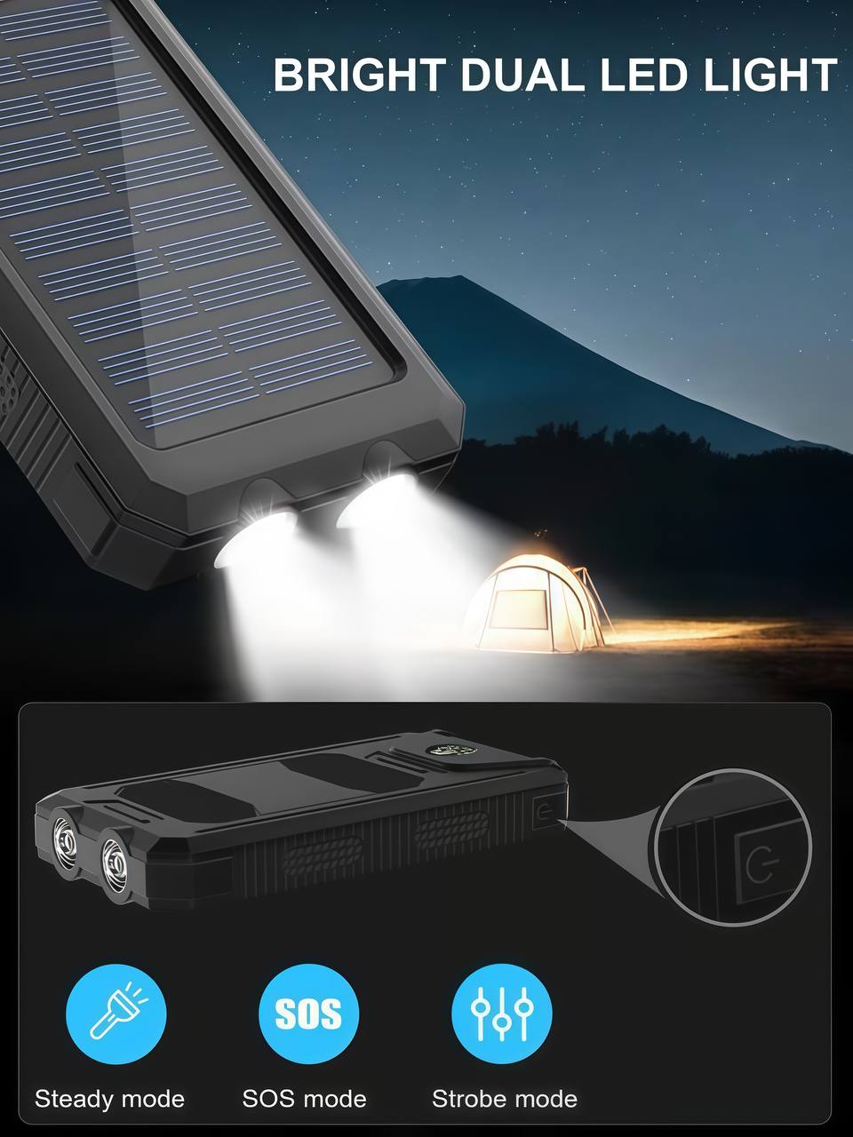 Solar power bank with bright LED flashlight for outdoor use