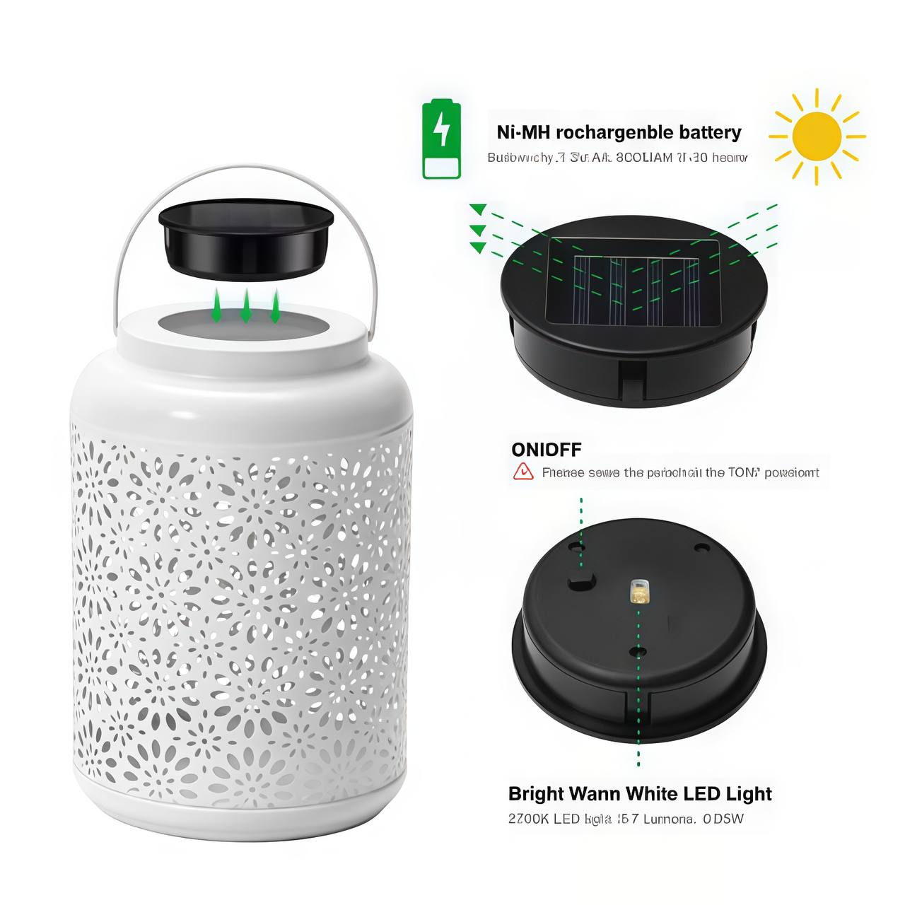 White Metal Solar Lantern with Cutout Flower Design