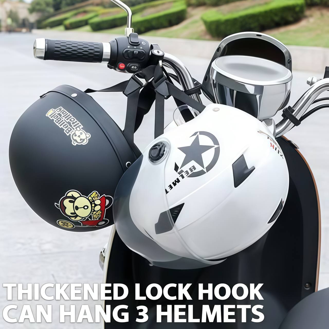 Helmet secured using handlebar-mounted lock on motorcycle
