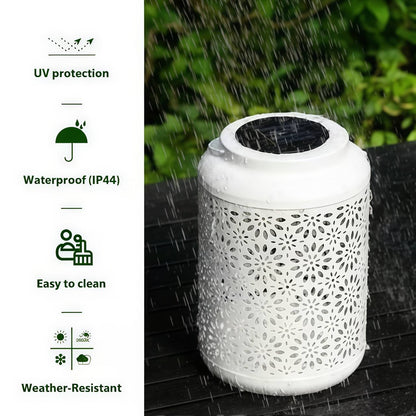 White Metal Solar Lantern with Cutout Flower Design