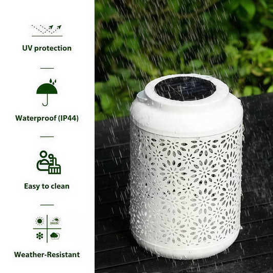 White Metal Solar Lantern with Cutout Flower Design