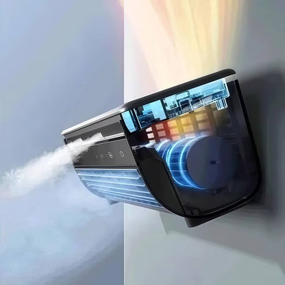 Wall-mounted mini air conditioner blowing cold air – close-up  
Wireless air cooler on office desk – lifestyle scene  
USB charging port of mini air conditioner – detail view  