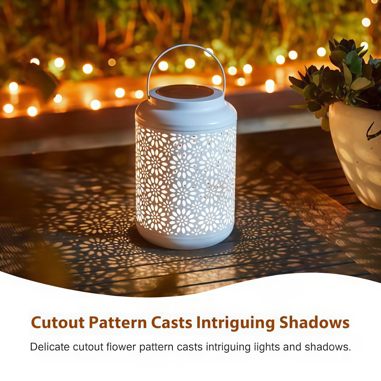White Metal Solar Lantern with Cutout Flower Design