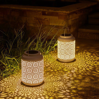 White Metal Solar Lantern with Cutout Flower Design