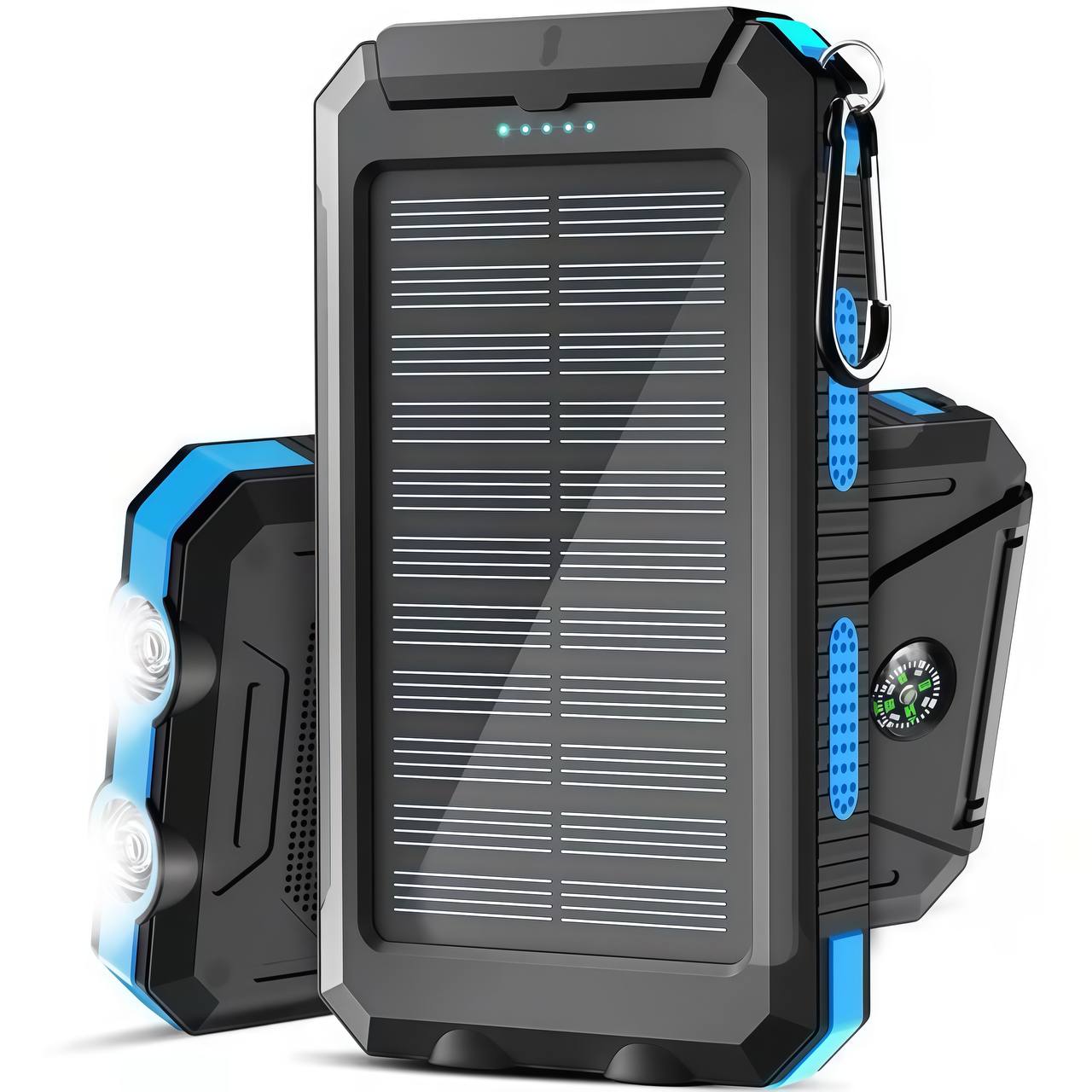 Front view of solar panel charger with blue accents