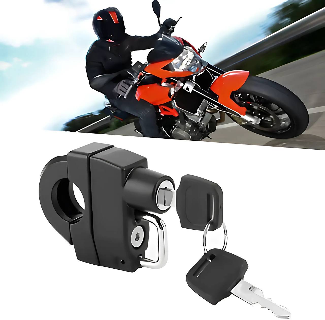 User installing helmet lock on motorcycle handlebar