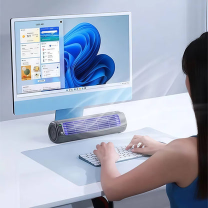 Wall-mounted mini air conditioner blowing cold air – close-up  
Wireless air cooler on office desk – lifestyle scene  
USB charging port of mini air conditioner – detail view  